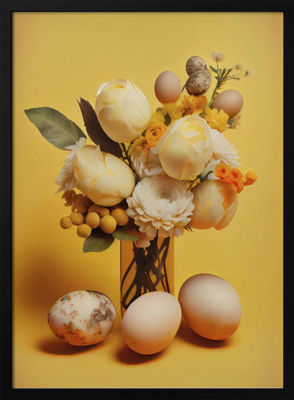 A still life composition featuring a bouquet of pale yellow and white flowers, including tulips and ranunculus, against a bright yellow background. Several plain and speckled eggs are artfully arranged within the bouquet and on the surface in front of the vase, creating a strong Easter or spring theme. Poster
