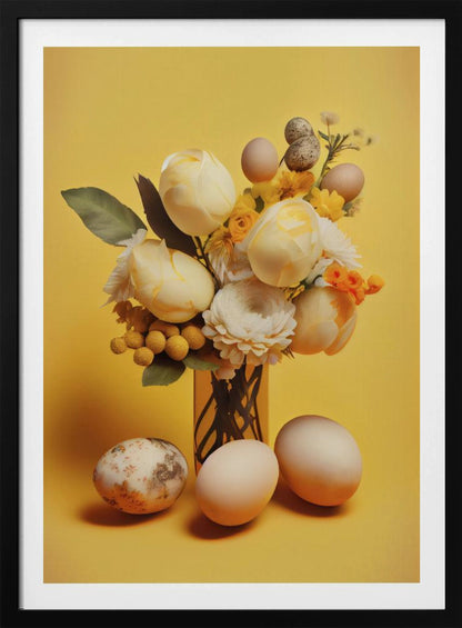 A still life composition featuring a bouquet of pale yellow and white flowers, including tulips and ranunculus, against a bright yellow background. Several plain and speckled eggs are artfully arranged within the bouquet and on the surface in front of the vase, creating a strong Easter or spring theme. Poster