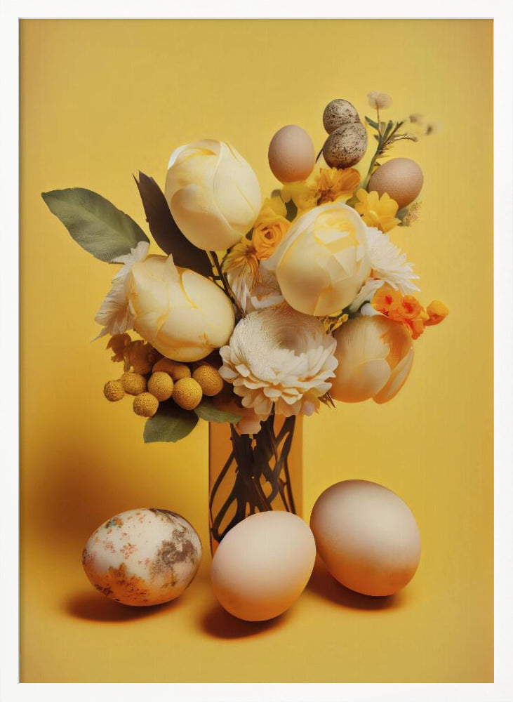 A still life composition featuring a bouquet of pale yellow and white flowers, including tulips and ranunculus, against a bright yellow background. Several plain and speckled eggs are artfully arranged within the bouquet and on the surface in front of the vase, creating a strong Easter or spring theme. Poster