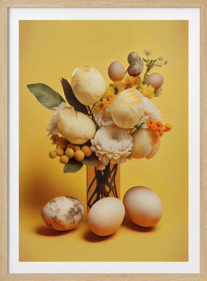 A still life composition featuring a bouquet of pale yellow and white flowers, including tulips and ranunculus, against a bright yellow background. Several plain and speckled eggs are artfully arranged within the bouquet and on the surface in front of the vase, creating a strong Easter or spring theme. Poster