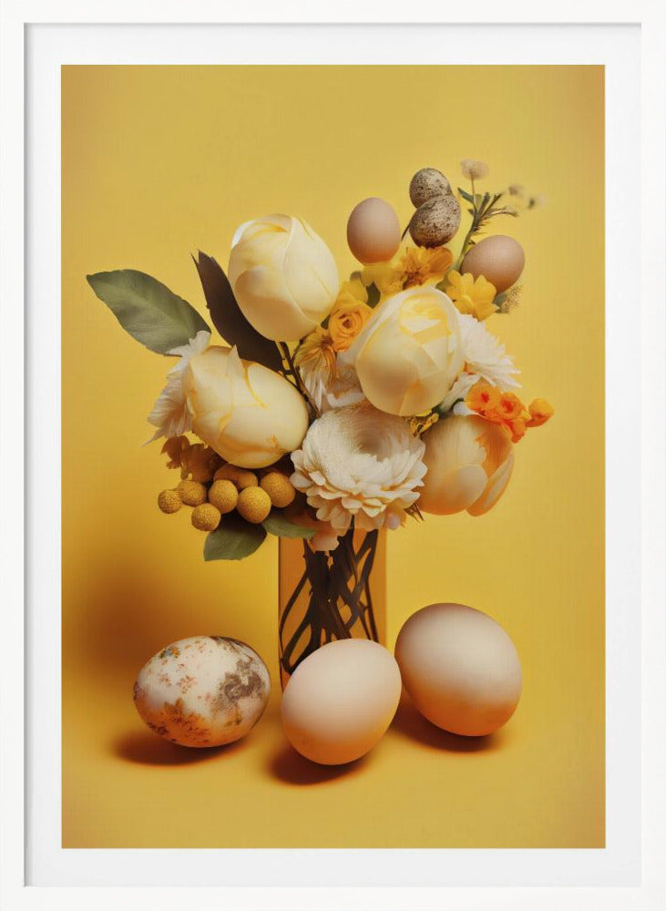 A still life composition featuring a bouquet of pale yellow and white flowers, including tulips and ranunculus, against a bright yellow background. Several plain and speckled eggs are artfully arranged within the bouquet and on the surface in front of the vase, creating a strong Easter or spring theme. Poster