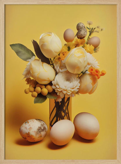 A still life composition featuring a bouquet of pale yellow and white flowers, including tulips and ranunculus, against a bright yellow background. Several plain and speckled eggs are artfully arranged within the bouquet and on the surface in front of the vase, creating a strong Easter or spring theme. Poster