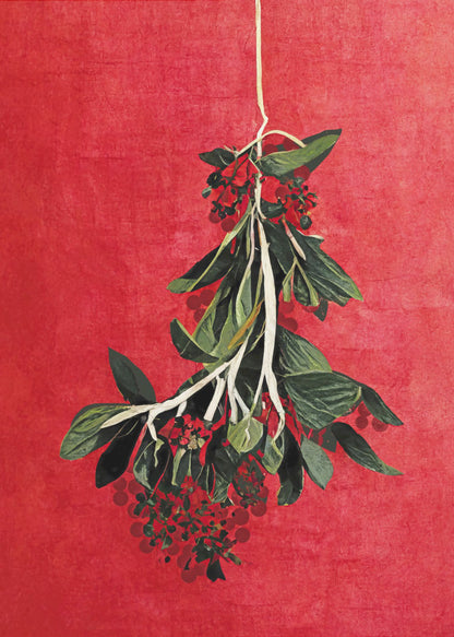 A botanical artwork of a hanging sprig with green leaves and red berries set against a vibrant, textured red background, presented in a black frame. Print