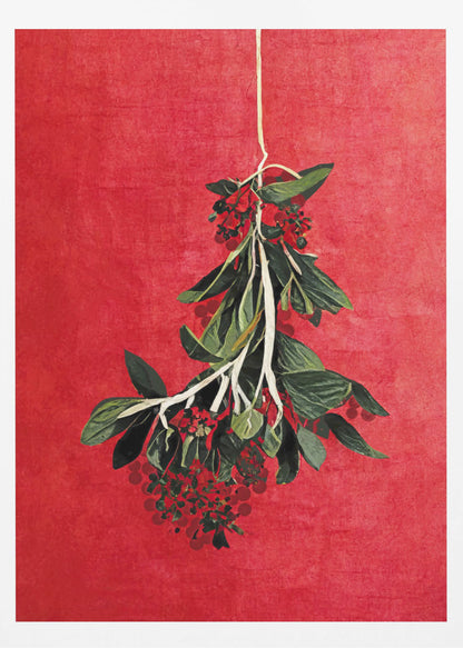 A botanical artwork of a hanging sprig with green leaves and red berries set against a vibrant, textured red background, presented in a black frame. Print