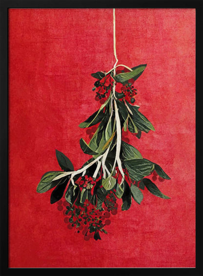 A botanical artwork of a hanging sprig with green leaves and red berries set against a vibrant, textured red background, presented in a black frame. Print