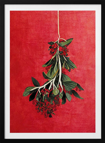 A botanical artwork of a hanging sprig with green leaves and red berries set against a vibrant, textured red background, presented in a black frame. Print