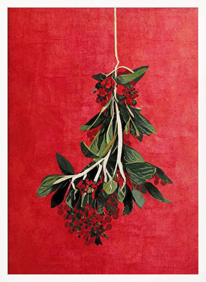 A botanical artwork of a hanging sprig with green leaves and red berries set against a vibrant, textured red background, presented in a black frame. Print