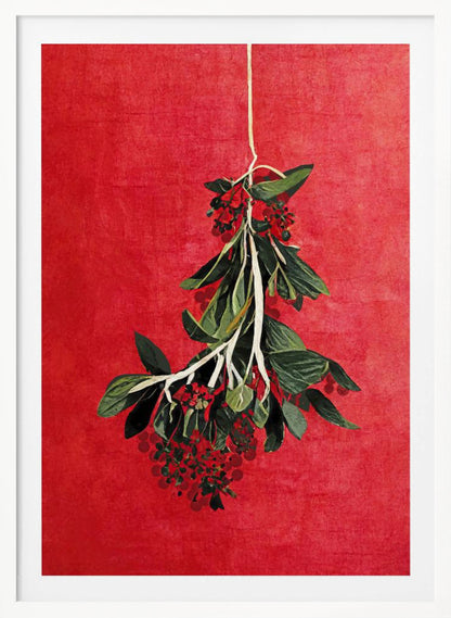 A botanical artwork of a hanging sprig with green leaves and red berries set against a vibrant, textured red background, presented in a black frame. Print