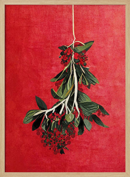 A botanical artwork of a hanging sprig with green leaves and red berries set against a vibrant, textured red background, presented in a black frame. Print