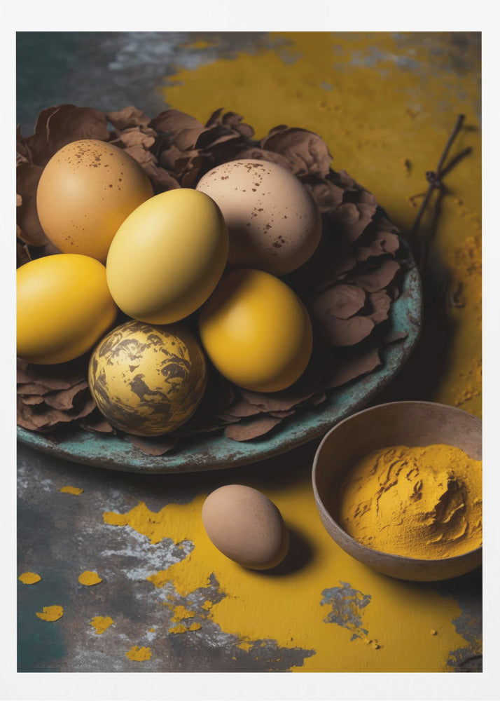 A rustic still life photograph of yellow and speckled brown eggs in a nest of leaves on a plate, with a bowl of yellow spice powder on a dark, textured surface. Print