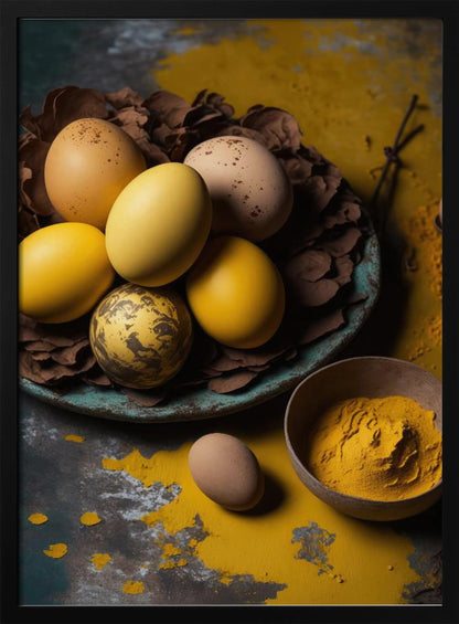 A rustic still life photograph of yellow and speckled brown eggs in a nest of leaves on a plate, with a bowl of yellow spice powder on a dark, textured surface. Print