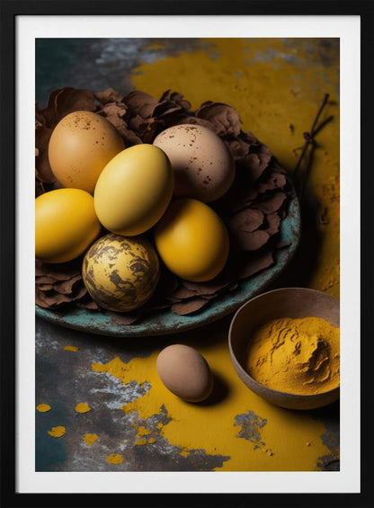 A rustic still life photograph of yellow and speckled brown eggs in a nest of leaves on a plate, with a bowl of yellow spice powder on a dark, textured surface. Print