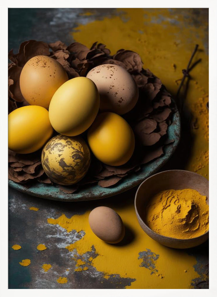 A rustic still life photograph of yellow and speckled brown eggs in a nest of leaves on a plate, with a bowl of yellow spice powder on a dark, textured surface. Print