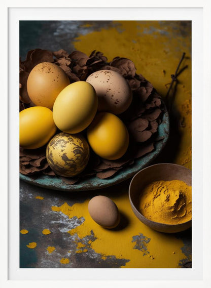 A rustic still life photograph of yellow and speckled brown eggs in a nest of leaves on a plate, with a bowl of yellow spice powder on a dark, textured surface. Print