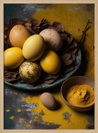 A rustic still life photograph of yellow and speckled brown eggs in a nest of leaves on a plate, with a bowl of yellow spice powder on a dark, textured surface. Print
