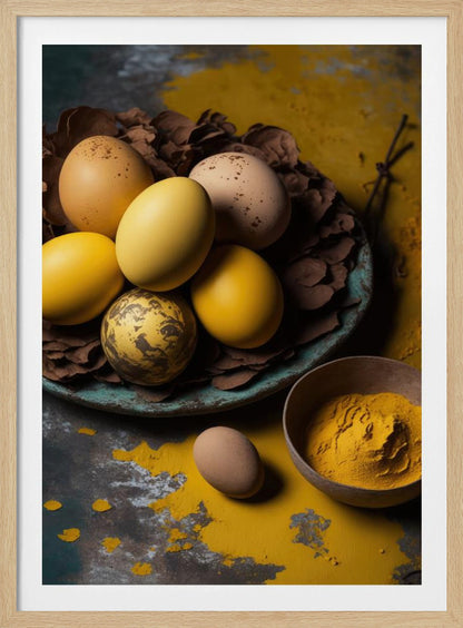 A rustic still life photograph of yellow and speckled brown eggs in a nest of leaves on a plate, with a bowl of yellow spice powder on a dark, textured surface. Print