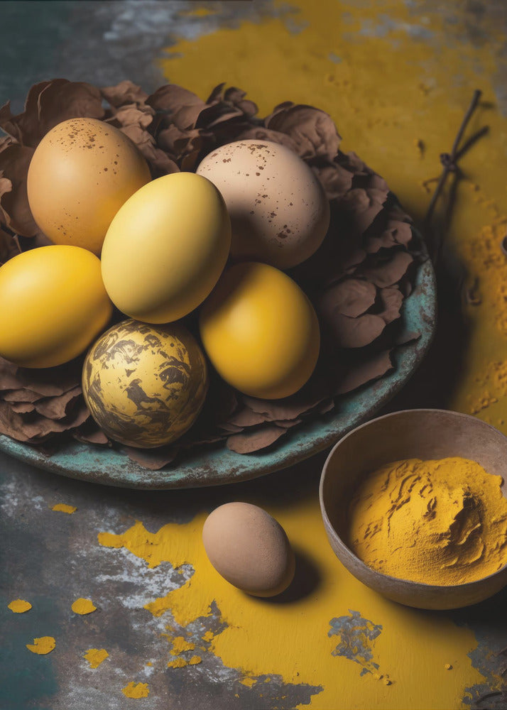 A rustic still life photograph of yellow and speckled brown eggs in a nest of leaves on a plate, with a bowl of yellow spice powder on a dark, textured surface. Print