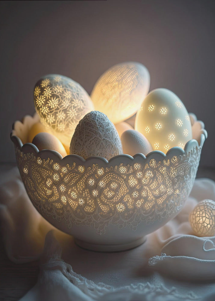 A still life photo of a white, intricately carved bowl resembling lace, filled with decorative eggs. Several of the eggs and the bowl itself are lit from within, casting a warm, golden glow through cutout patterns of flowers and delicate designs, creating a magical, cozy atmosphere against a dark background. Decor