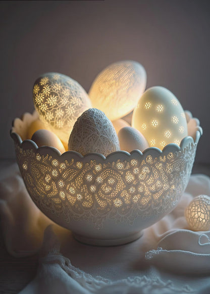 A still life photo of a white, intricately carved bowl resembling lace, filled with decorative eggs. Several of the eggs and the bowl itself are lit from within, casting a warm, golden glow through cutout patterns of flowers and delicate designs, creating a magical, cozy atmosphere against a dark background. Decor