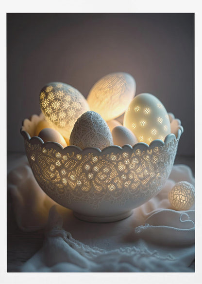 A still life photo of a white, intricately carved bowl resembling lace, filled with decorative eggs. Several of the eggs and the bowl itself are lit from within, casting a warm, golden glow through cutout patterns of flowers and delicate designs, creating a magical, cozy atmosphere against a dark background. Decor
