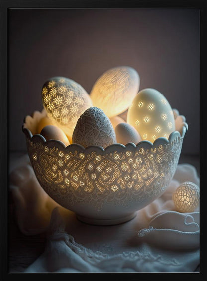 A still life photo of a white, intricately carved bowl resembling lace, filled with decorative eggs. Several of the eggs and the bowl itself are lit from within, casting a warm, golden glow through cutout patterns of flowers and delicate designs, creating a magical, cozy atmosphere against a dark background. Decor