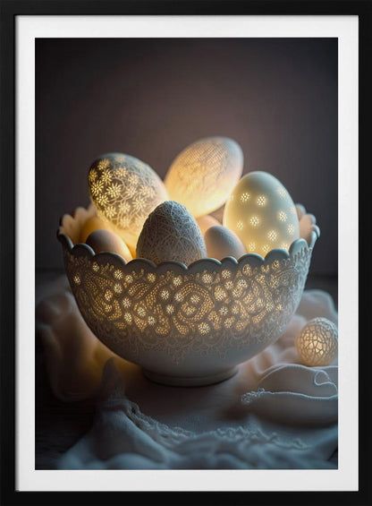A still life photo of a white, intricately carved bowl resembling lace, filled with decorative eggs. Several of the eggs and the bowl itself are lit from within, casting a warm, golden glow through cutout patterns of flowers and delicate designs, creating a magical, cozy atmosphere against a dark background. Decor
