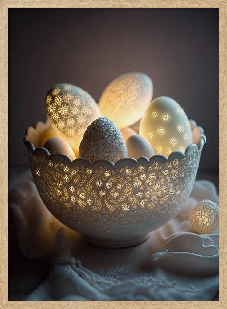 A still life photo of a white, intricately carved bowl resembling lace, filled with decorative eggs. Several of the eggs and the bowl itself are lit from within, casting a warm, golden glow through cutout patterns of flowers and delicate designs, creating a magical, cozy atmosphere against a dark background. Decor