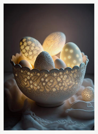 A still life photo of a white, intricately carved bowl resembling lace, filled with decorative eggs. Several of the eggs and the bowl itself are lit from within, casting a warm, golden glow through cutout patterns of flowers and delicate designs, creating a magical, cozy atmosphere against a dark background. Decor