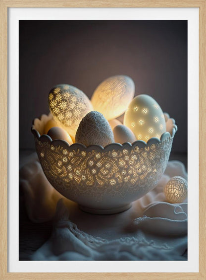 A still life photo of a white, intricately carved bowl resembling lace, filled with decorative eggs. Several of the eggs and the bowl itself are lit from within, casting a warm, golden glow through cutout patterns of flowers and delicate designs, creating a magical, cozy atmosphere against a dark background. Decor
