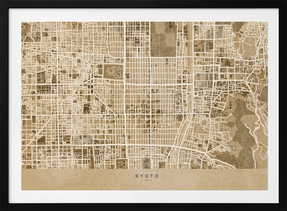 A framed, stylized map of Kyoto, Japan, in shades of brown and beige. The city streets are illustrated as a complex grid of off-white lines against a textured brown background. At the bottom, a solid beige banner contains the text 'KYOTO' and 'JAPAN' in a modern sans-serif font. The artwork is surrounded by a brushed silver frame. Artwork