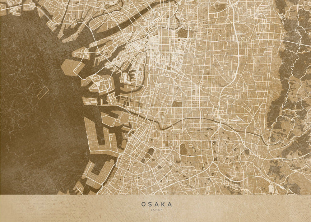 A framed, stylized map of Osaka, Japan, presented in monochrome brown and beige tones. The city's streets and coastline are intricately detailed in thin white lines against a textured brown background for the water and a lighter beige for the land, all enclosed within a sleek silver frame. Poster