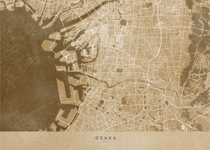 A framed, stylized map of Osaka, Japan, presented in monochrome brown and beige tones. The city's streets and coastline are intricately detailed in thin white lines against a textured brown background for the water and a lighter beige for the land, all enclosed within a sleek silver frame. Poster