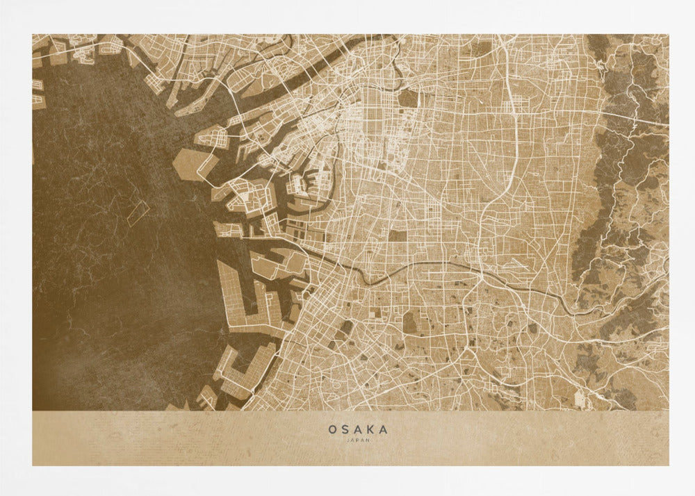 A framed, stylized map of Osaka, Japan, presented in monochrome brown and beige tones. The city's streets and coastline are intricately detailed in thin white lines against a textured brown background for the water and a lighter beige for the land, all enclosed within a sleek silver frame. Poster