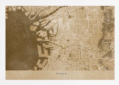 A framed, stylized map of Osaka, Japan, presented in monochrome brown and beige tones. The city's streets and coastline are intricately detailed in thin white lines against a textured brown background for the water and a lighter beige for the land, all enclosed within a sleek silver frame. Poster