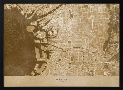 A framed, stylized map of Osaka, Japan, presented in monochrome brown and beige tones. The city's streets and coastline are intricately detailed in thin white lines against a textured brown background for the water and a lighter beige for the land, all enclosed within a sleek silver frame. Poster