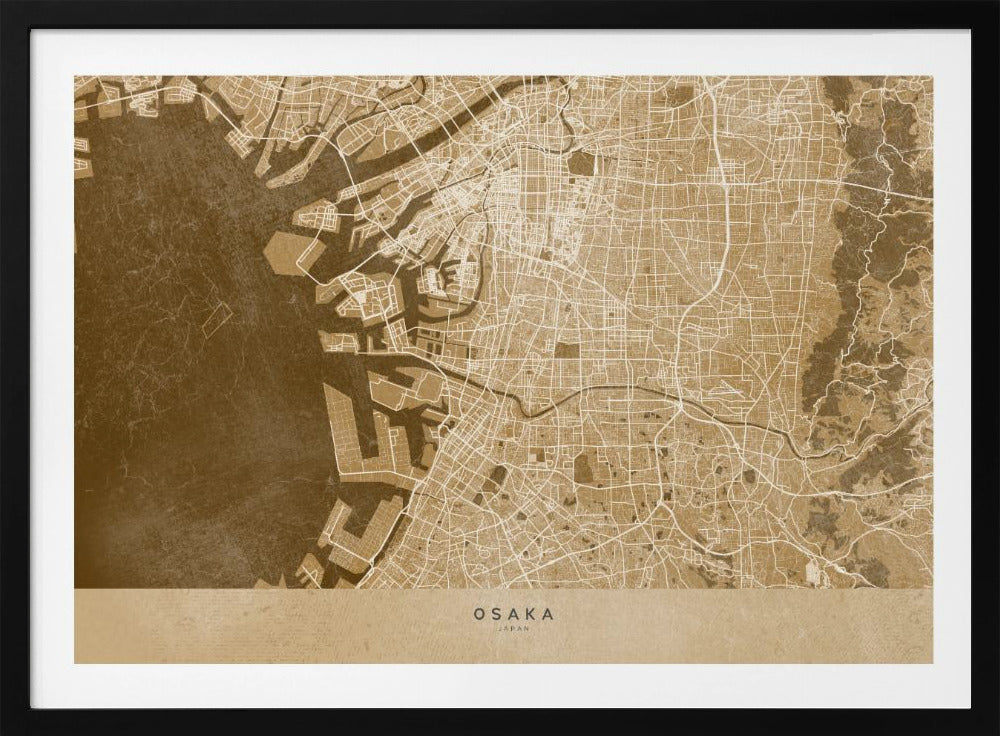 A framed, stylized map of Osaka, Japan, presented in monochrome brown and beige tones. The city's streets and coastline are intricately detailed in thin white lines against a textured brown background for the water and a lighter beige for the land, all enclosed within a sleek silver frame. Poster