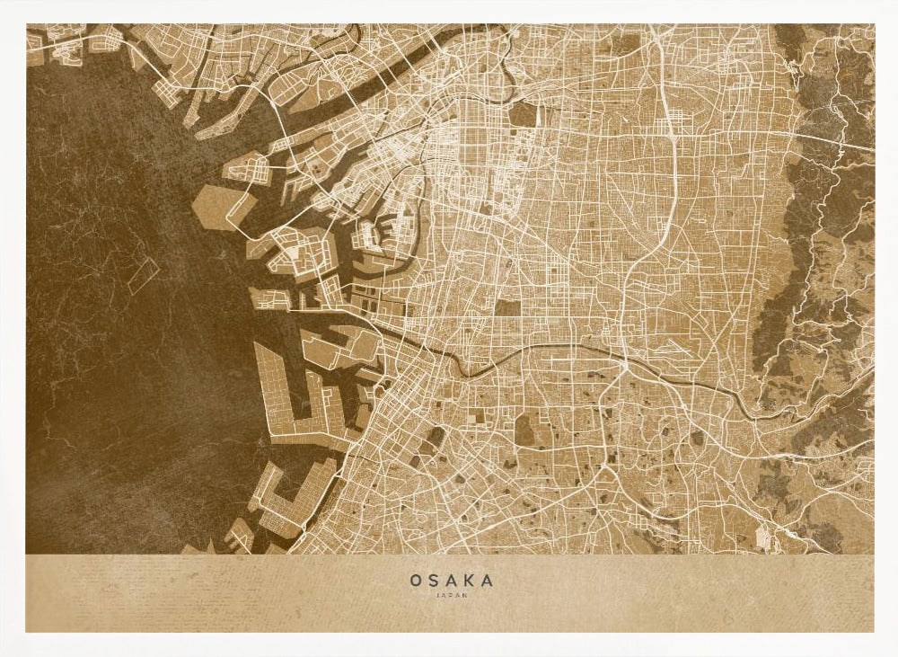 A framed, stylized map of Osaka, Japan, presented in monochrome brown and beige tones. The city's streets and coastline are intricately detailed in thin white lines against a textured brown background for the water and a lighter beige for the land, all enclosed within a sleek silver frame. Poster