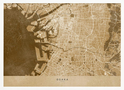 A framed, stylized map of Osaka, Japan, presented in monochrome brown and beige tones. The city's streets and coastline are intricately detailed in thin white lines against a textured brown background for the water and a lighter beige for the land, all enclosed within a sleek silver frame. Poster