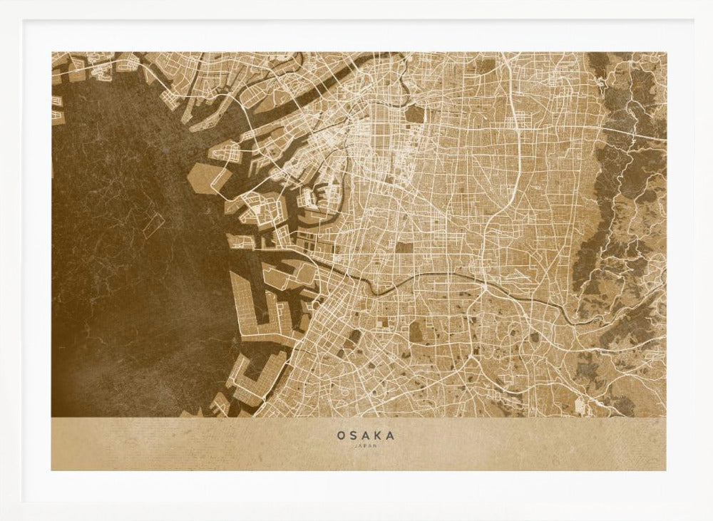 A framed, stylized map of Osaka, Japan, presented in monochrome brown and beige tones. The city's streets and coastline are intricately detailed in thin white lines against a textured brown background for the water and a lighter beige for the land, all enclosed within a sleek silver frame. Poster