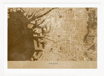 A framed, stylized map of Osaka, Japan, presented in monochrome brown and beige tones. The city's streets and coastline are intricately detailed in thin white lines against a textured brown background for the water and a lighter beige for the land, all enclosed within a sleek silver frame. Poster