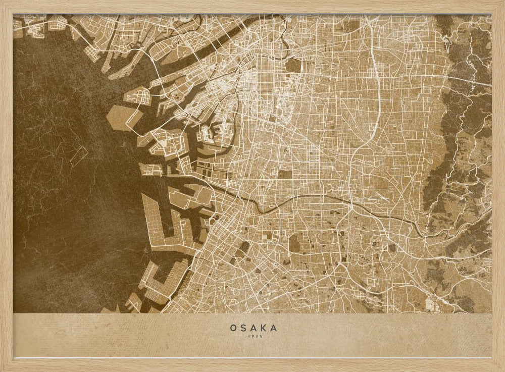 A framed, stylized map of Osaka, Japan, presented in monochrome brown and beige tones. The city's streets and coastline are intricately detailed in thin white lines against a textured brown background for the water and a lighter beige for the land, all enclosed within a sleek silver frame. Poster