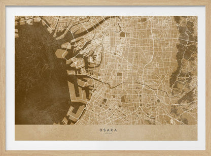 A framed, stylized map of Osaka, Japan, presented in monochrome brown and beige tones. The city's streets and coastline are intricately detailed in thin white lines against a textured brown background for the water and a lighter beige for the land, all enclosed within a sleek silver frame. Poster