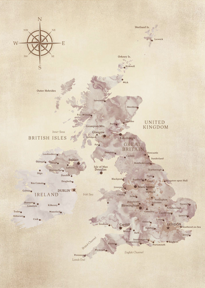 A vintage-style map of the British Isles, including Great Britain and Ireland, presented in a black frame. The map has a textured, parchment-like background, with the landmasses depicted in a muted, purple-brown watercolor effect. Major cities are labeled in a classic font, and a compass rose is featured in the upper left corner. Artwork