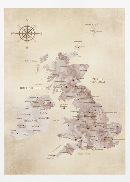 A vintage-style map of the British Isles, including Great Britain and Ireland, presented in a black frame. The map has a textured, parchment-like background, with the landmasses depicted in a muted, purple-brown watercolor effect. Major cities are labeled in a classic font, and a compass rose is featured in the upper left corner. Artwork