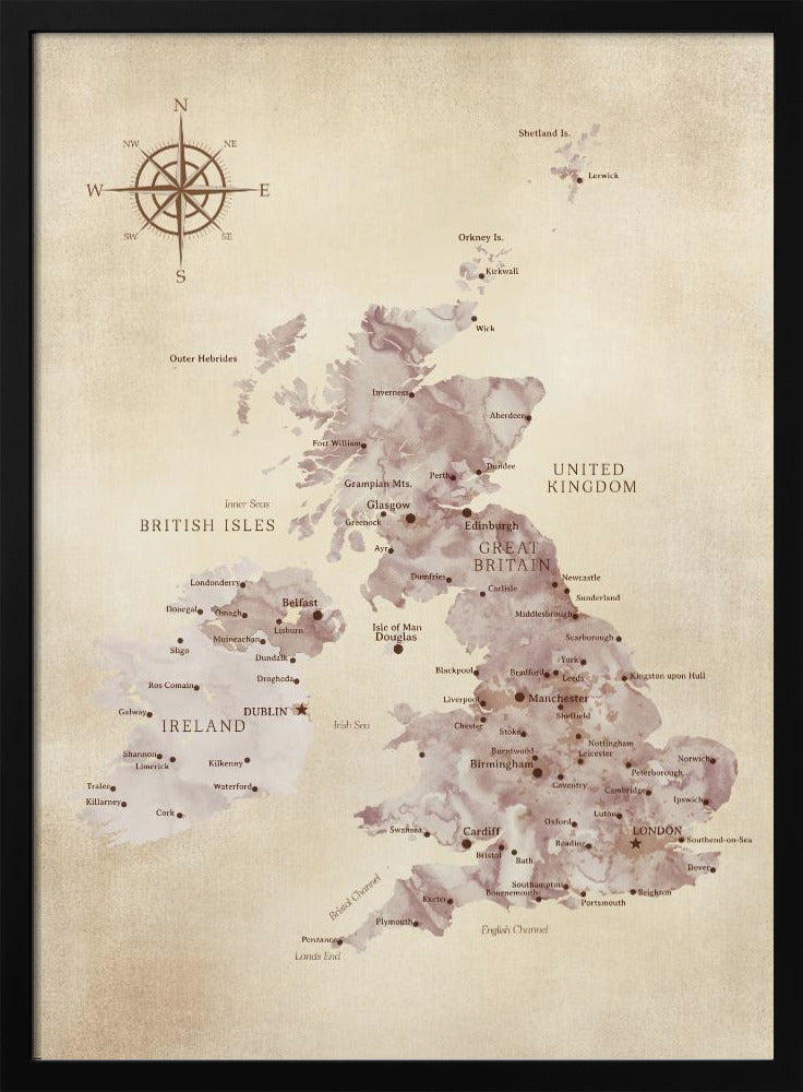 A vintage-style map of the British Isles, including Great Britain and Ireland, presented in a black frame. The map has a textured, parchment-like background, with the landmasses depicted in a muted, purple-brown watercolor effect. Major cities are labeled in a classic font, and a compass rose is featured in the upper left corner. Artwork