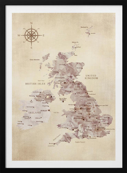 A vintage-style map of the British Isles, including Great Britain and Ireland, presented in a black frame. The map has a textured, parchment-like background, with the landmasses depicted in a muted, purple-brown watercolor effect. Major cities are labeled in a classic font, and a compass rose is featured in the upper left corner. Artwork