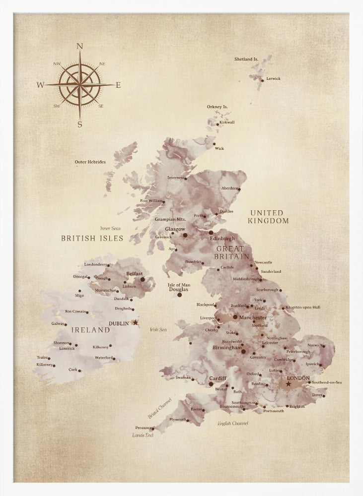 A vintage-style map of the British Isles, including Great Britain and Ireland, presented in a black frame. The map has a textured, parchment-like background, with the landmasses depicted in a muted, purple-brown watercolor effect. Major cities are labeled in a classic font, and a compass rose is featured in the upper left corner. Artwork