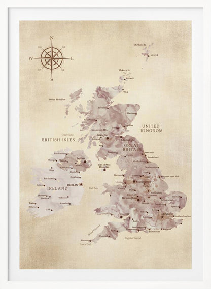 A vintage-style map of the British Isles, including Great Britain and Ireland, presented in a black frame. The map has a textured, parchment-like background, with the landmasses depicted in a muted, purple-brown watercolor effect. Major cities are labeled in a classic font, and a compass rose is featured in the upper left corner. Artwork