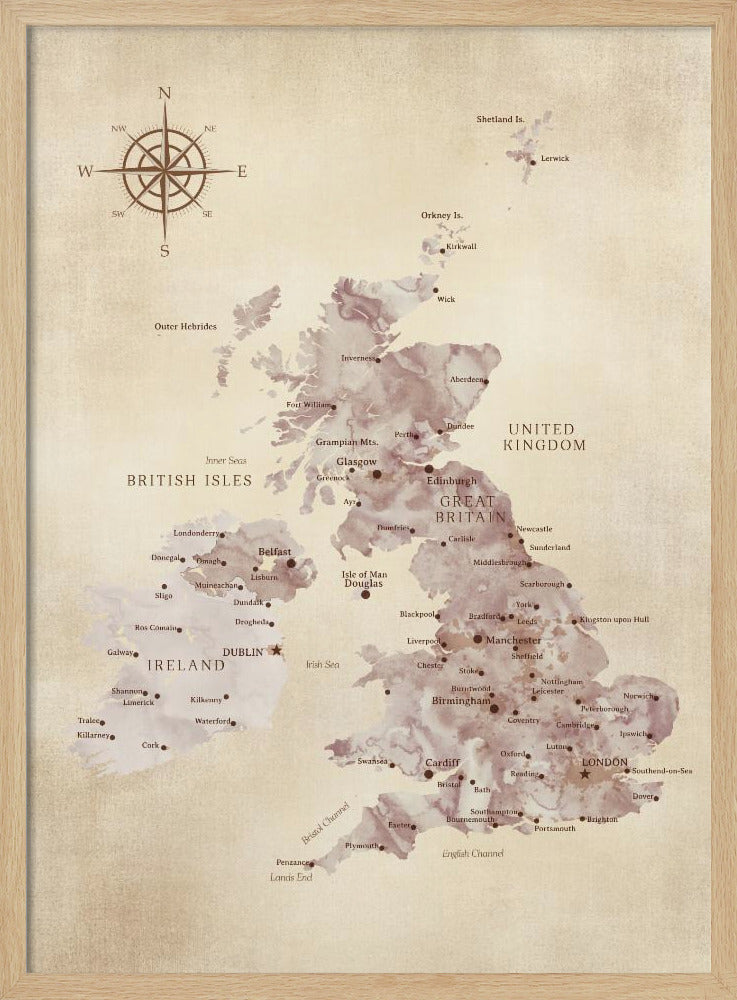 A vintage-style map of the British Isles, including Great Britain and Ireland, presented in a black frame. The map has a textured, parchment-like background, with the landmasses depicted in a muted, purple-brown watercolor effect. Major cities are labeled in a classic font, and a compass rose is featured in the upper left corner. Artwork