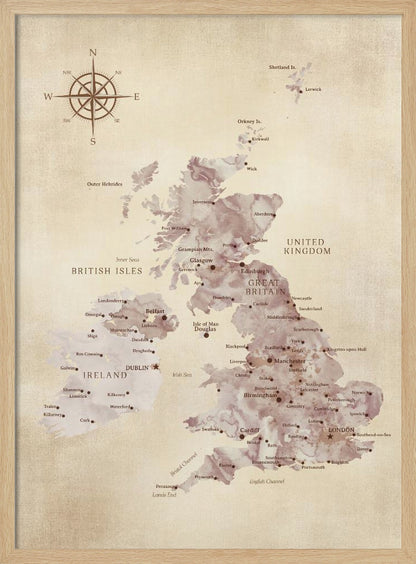 A vintage-style map of the British Isles, including Great Britain and Ireland, presented in a black frame. The map has a textured, parchment-like background, with the landmasses depicted in a muted, purple-brown watercolor effect. Major cities are labeled in a classic font, and a compass rose is featured in the upper left corner. Artwork
